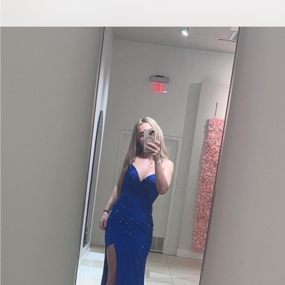 PromGirl Blue Spaghetti Strap Bodycon Gown